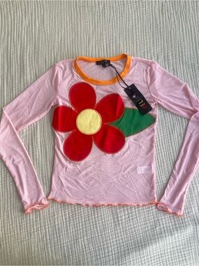 dELiA*s Pink Mesh Top with Red Flower and Orange Trim